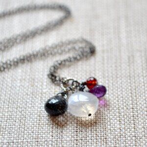 Black Rutilated Quartz Necklace with Moonstone Amethyst and Garnet